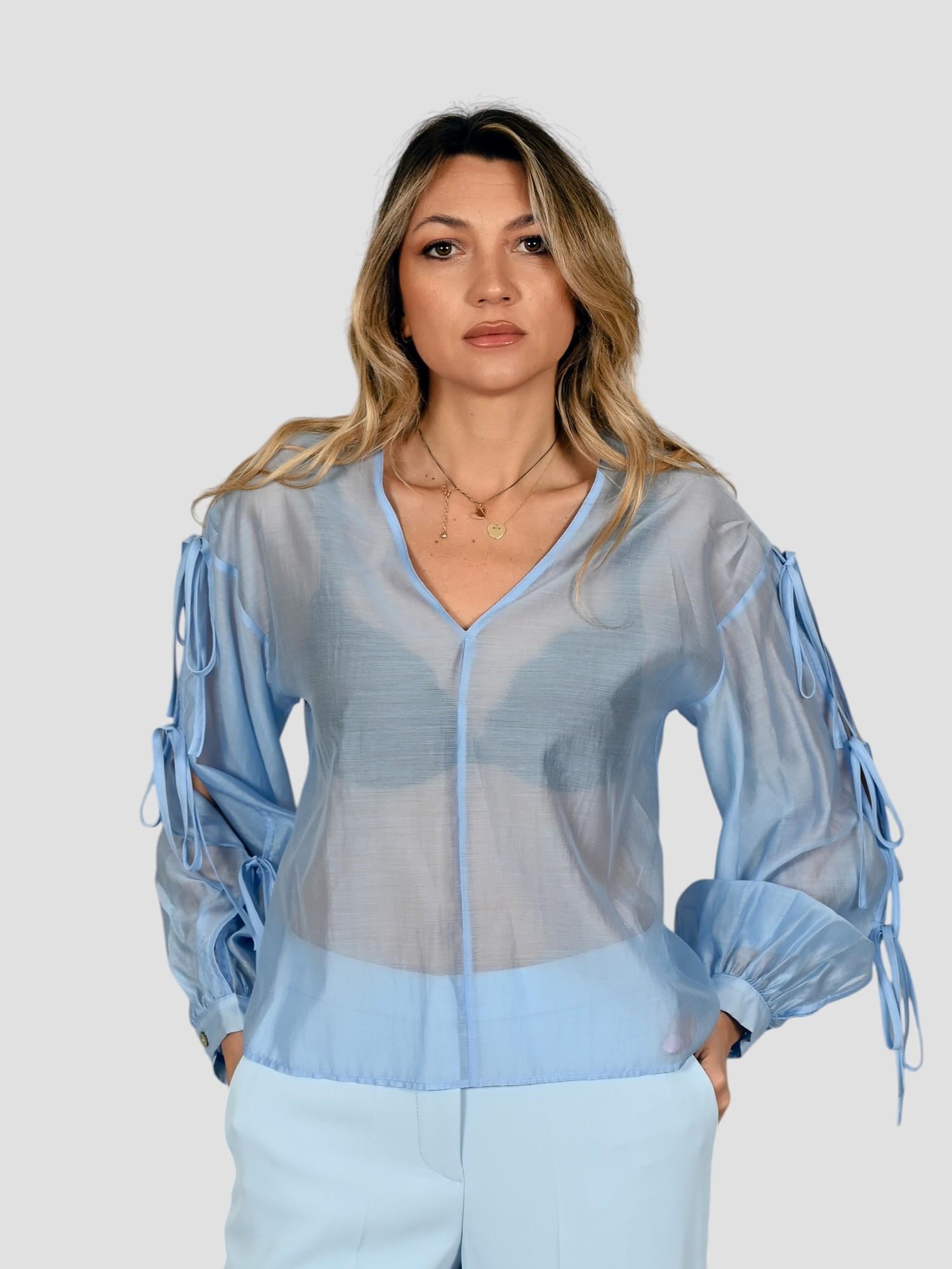 Camicia mussola WW31713 azzurra con fiocchetti WW31713 CELESTE WHITE WISE