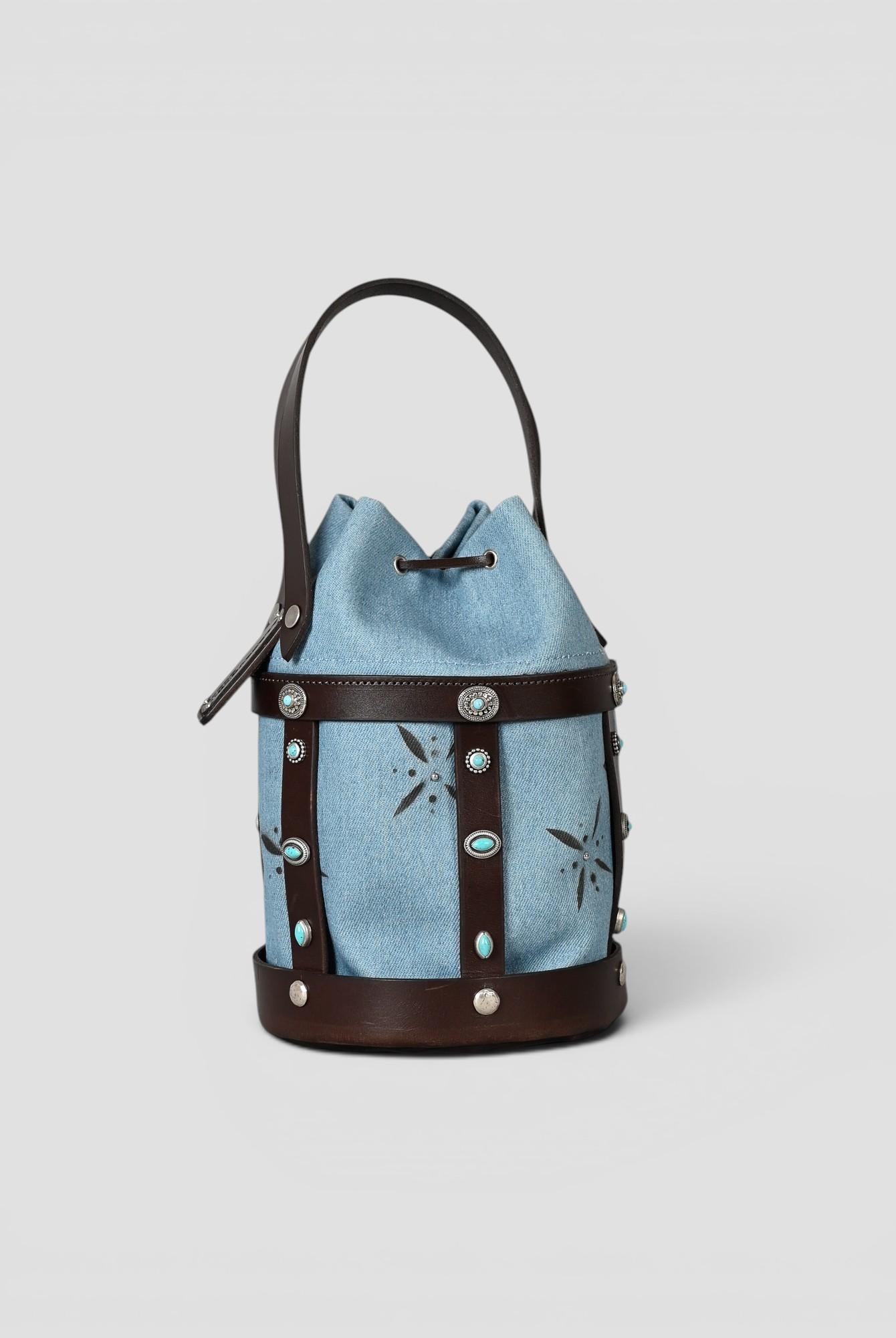 Bucket bag in pelle e denim artigianale CESTINO DENIM ALBERTO LUTI