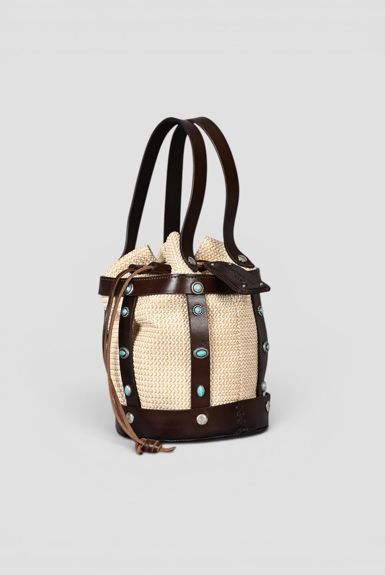 Bucket bag in pelle e rafia artigianale CESTINO RAFIA ALBERTO LUTI