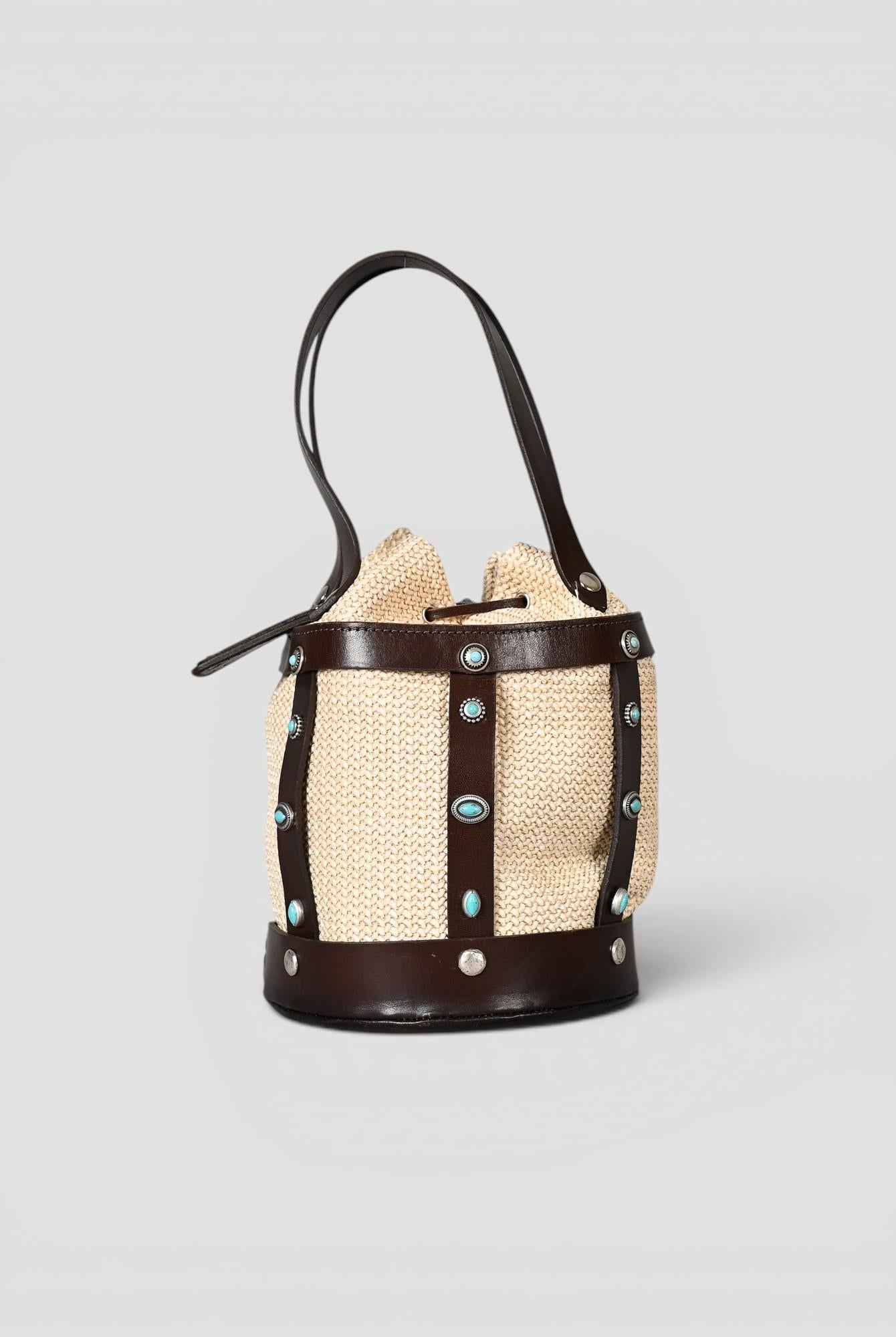 Bucket bag in pelle e rafia artigianale CESTINO RAFIA ALBERTO LUTI