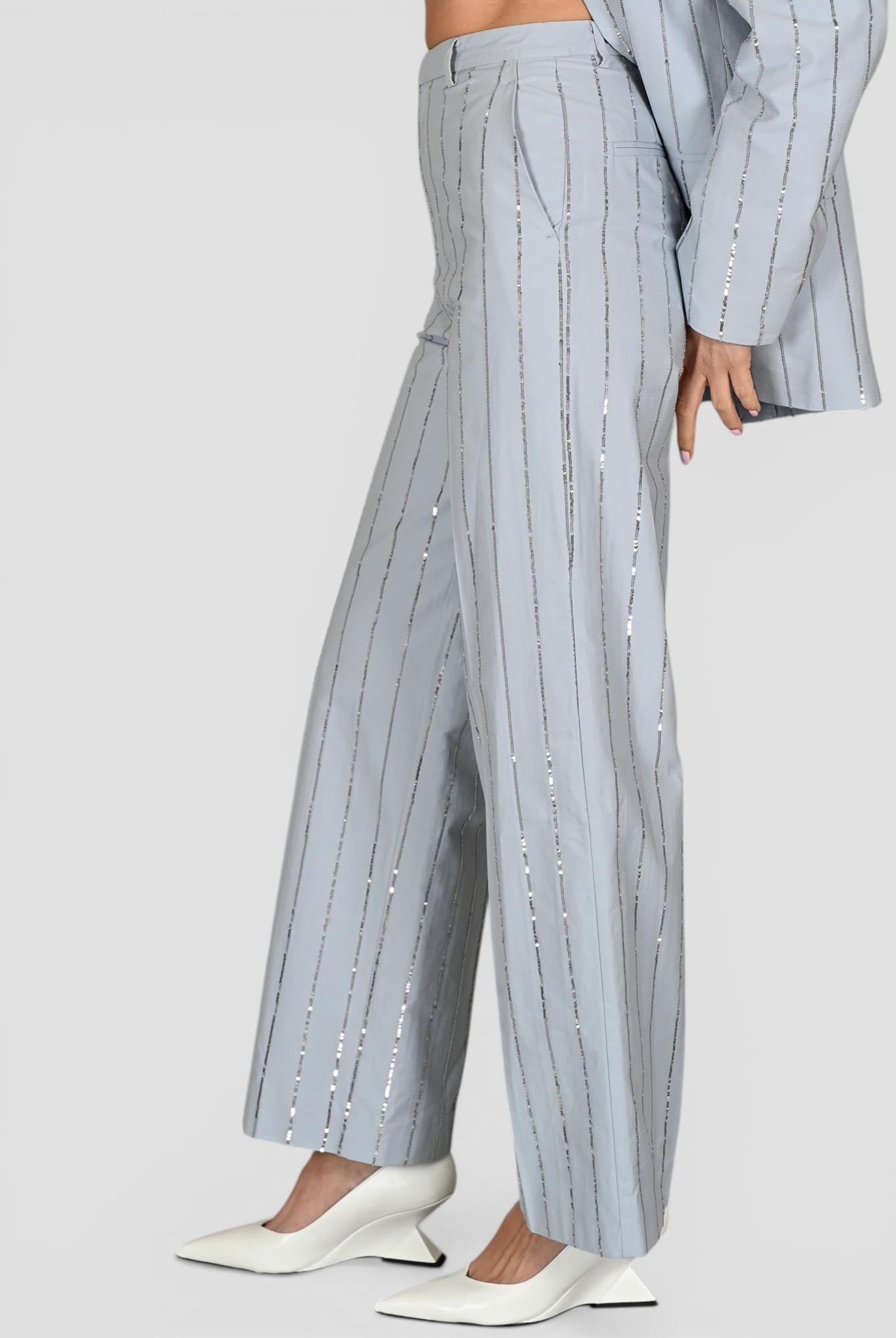 Pantalone sartoriale P062 T006 ricamo paillettes P062-T006 CELESTE ISABELLE BLANCHE PARIS