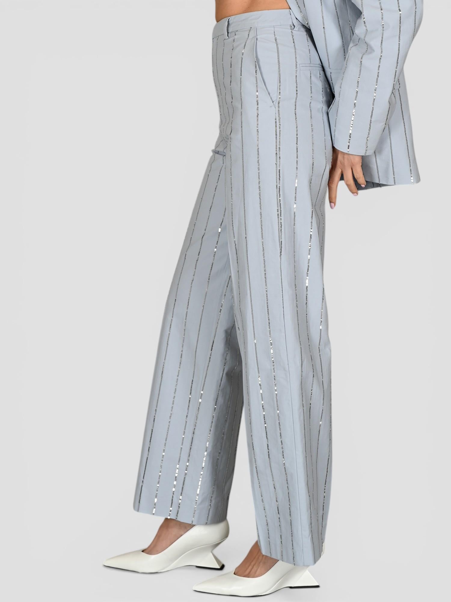 Pantalone sartoriale P062 T006 ricamo paillettes P062-T006 CELESTE ISABELLE BLANCHE PARIS 